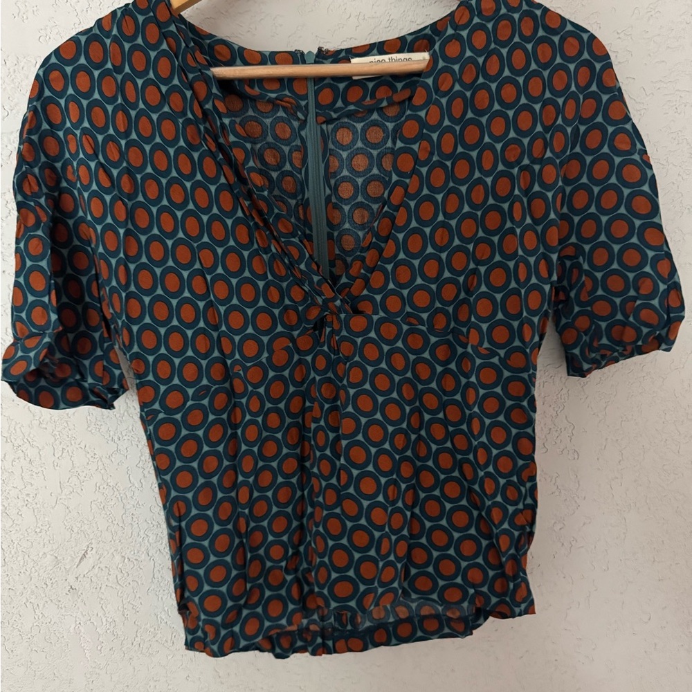 Nice Things Paloma S Orange and Blue Mandarin Collar V Neck Blouse with Zipper